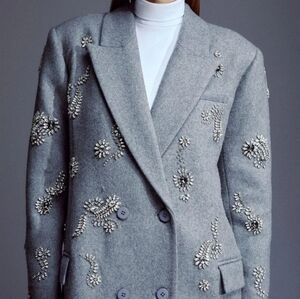 Elegant Gray Embellished Long Wool Coat
